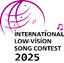 Logo ILSC: globo viola stilizzato con linee curve che ricordano i pentagrammi musicali. Intorno al globo piccole note musicali e il testo INTERNATIONAL LOW-VISION SONG CONTEST 2025