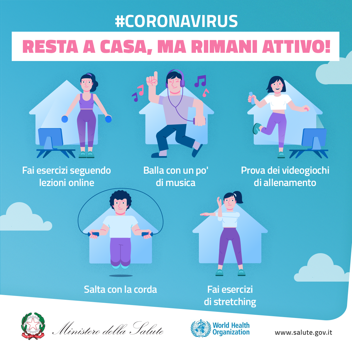 Locandina che illustra gli esercizi da fare per rimanere in attivit fisica