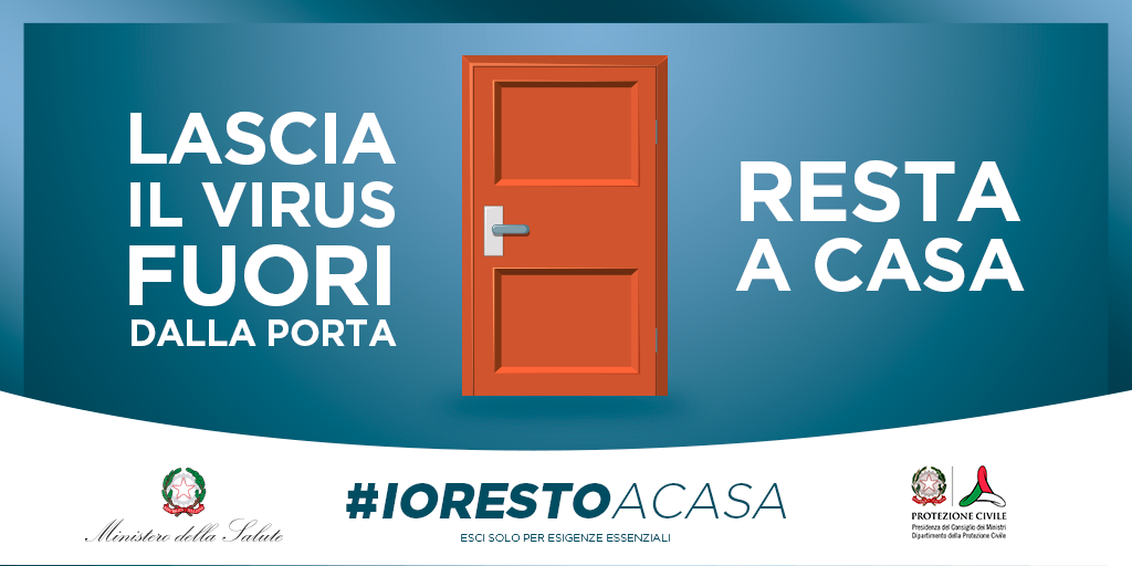 Locandina con scritto Lascia il virus fuori dalla porta. Io resto a casa