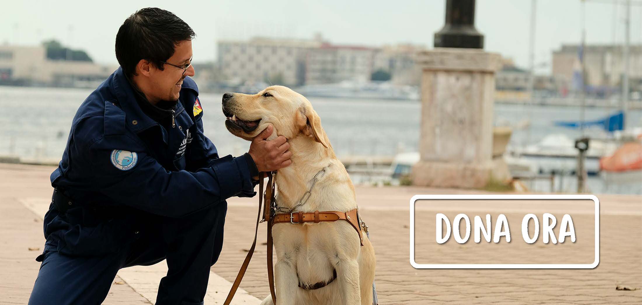 Nellimmagine un istruttore che coccola un cane da guida. In primo piano la scritta in bianco Dona ora