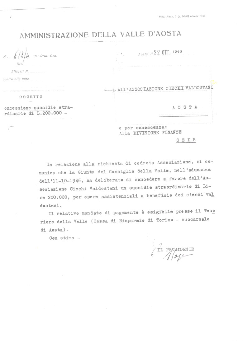 lettera contributo regionale del 1946